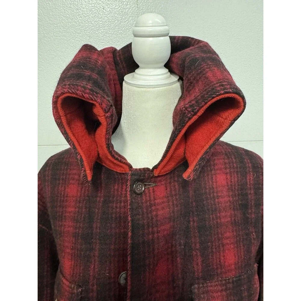 Vintage Woolrich #501 Red Buffalo Plaid Hunting Coat Split Hood Size 46 Rare